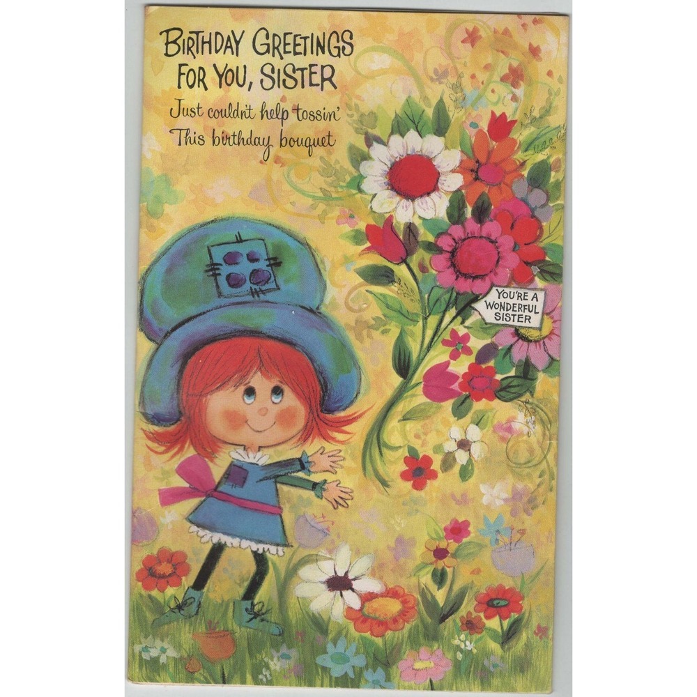Vintage 1960s American Greetings Sister Birthday Card Floral Girl in Hat